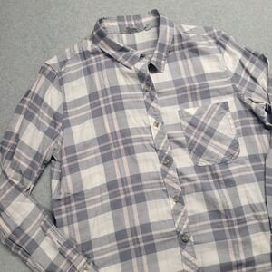 Athleta Pink Grey Plaid‎ Button Down Boyfriend Sierra Shirt Tunic Size MP Petite